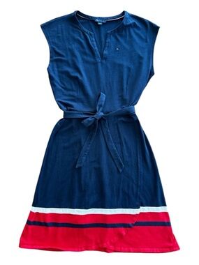 Tommy Hilfiger Sleeveless Navy Red White Striped Dress Tie-Waist | Size Small